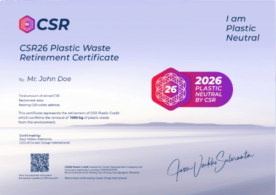 CSR Plastic Waste Retirement Certificate — example for Mr. John Doe, 2026